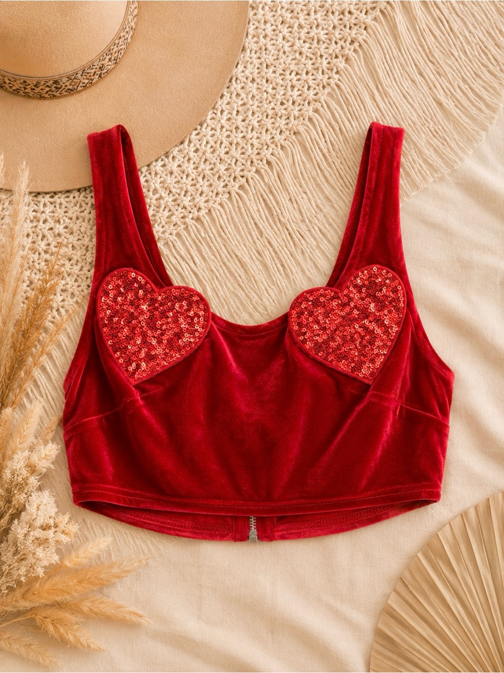 SHEIN Red Velvet Sequin Heart Crop Top